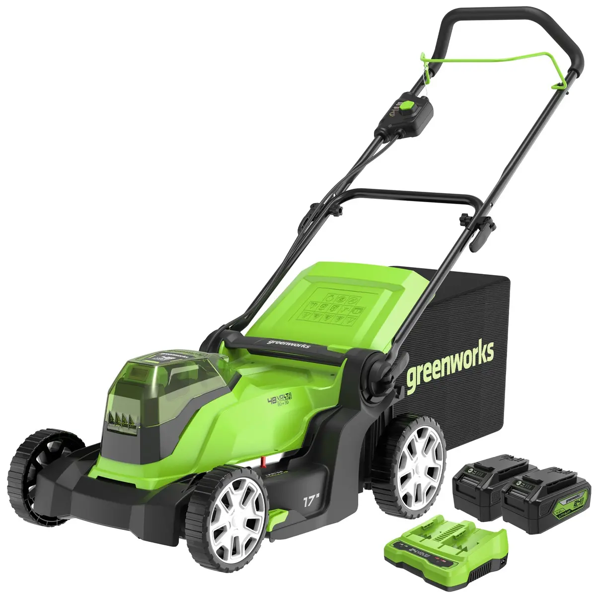 48V (24V X 2) 17" Cordless Battery Push Lawn Mower W/ Two (2) 4.0Ah Usb Batteries & Dual Port Charger 1