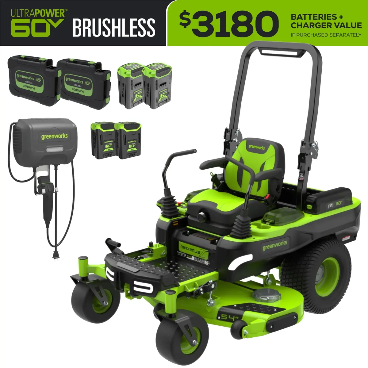 60V 54" Maximusz Zero Turn Riding Mower: (2) 20.0 Ah (2) 8.0 Ah And (2) 4.0 Ah Batteries And 1.5Kw Charger 1