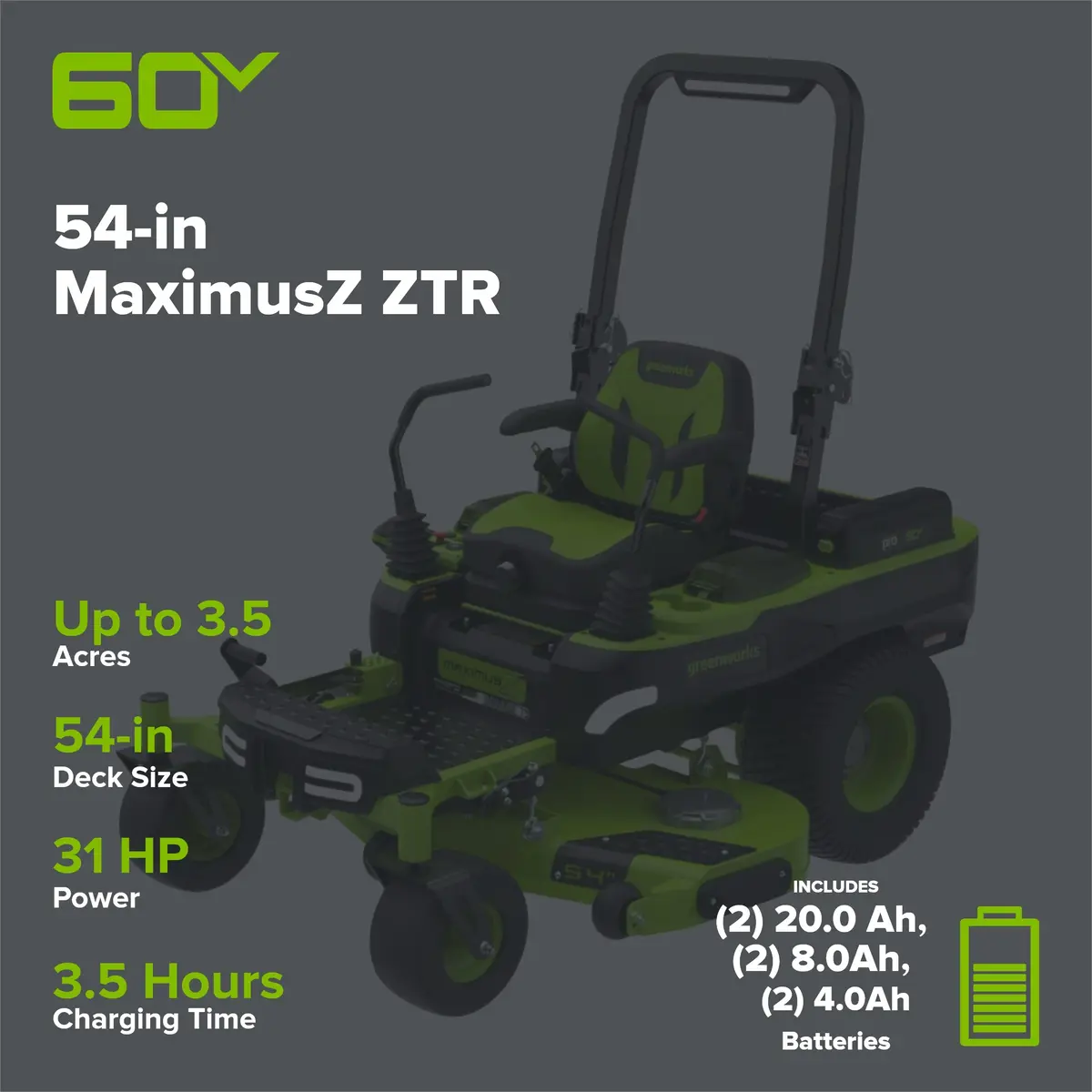 60V 54" Maximusz Zero Turn Riding Mower: (2) 20.0 Ah (2) 8.0 Ah And (2) 4.0 Ah Batteries And 1.5Kw Charger 2