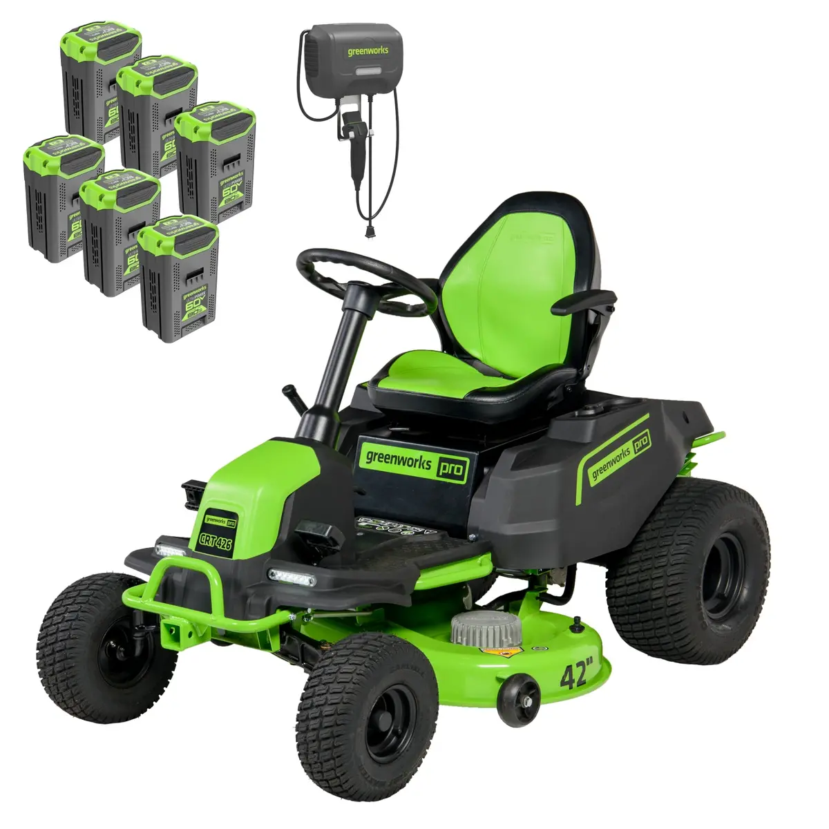 60V 42" Cordless Battery Crossovert Riding Lawn Mower, (6) 8.0 Ah Batteries And 600W Wall Charger 1