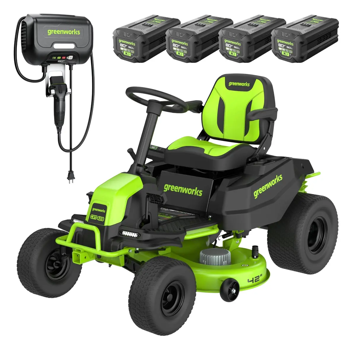80V 42" Cordless Battery Crossovert Riding Lawn Mower, (4) 5.0Ah Batteries And 600W Wall Charger 1