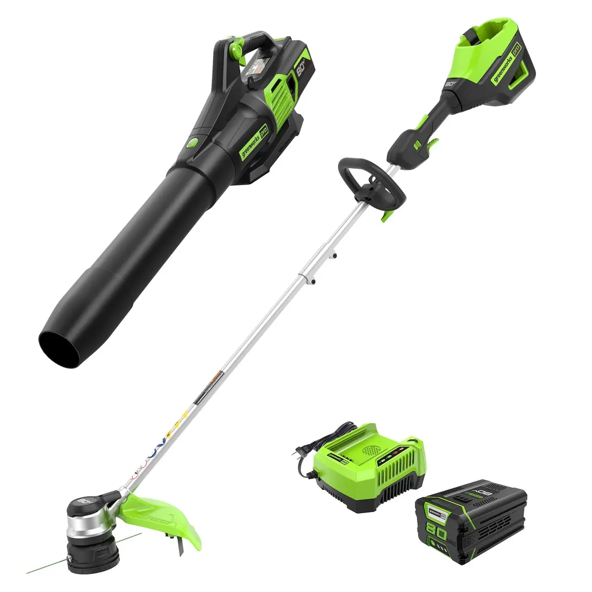 80V 16" Cordless Battery String Trimmer And 730 Cfm Leaf Blower Combo Kit: 2.5 Ah Battery And Charger 1