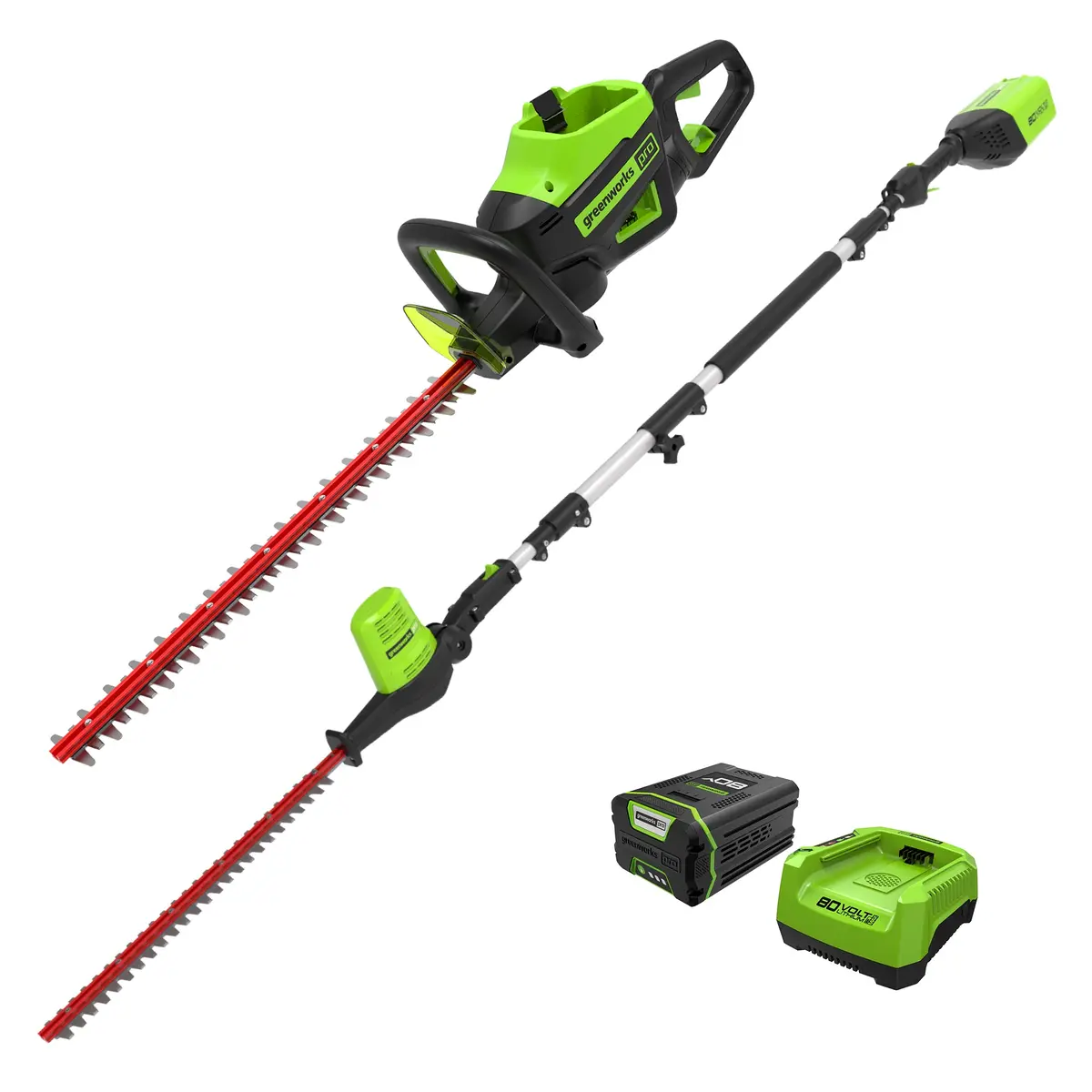80V 24" Cordless Battery Hedge Trimmer And 20" Pole Hedge Trimmer Combo Kit: 2.0 Ah Usb Battery And Charger 1