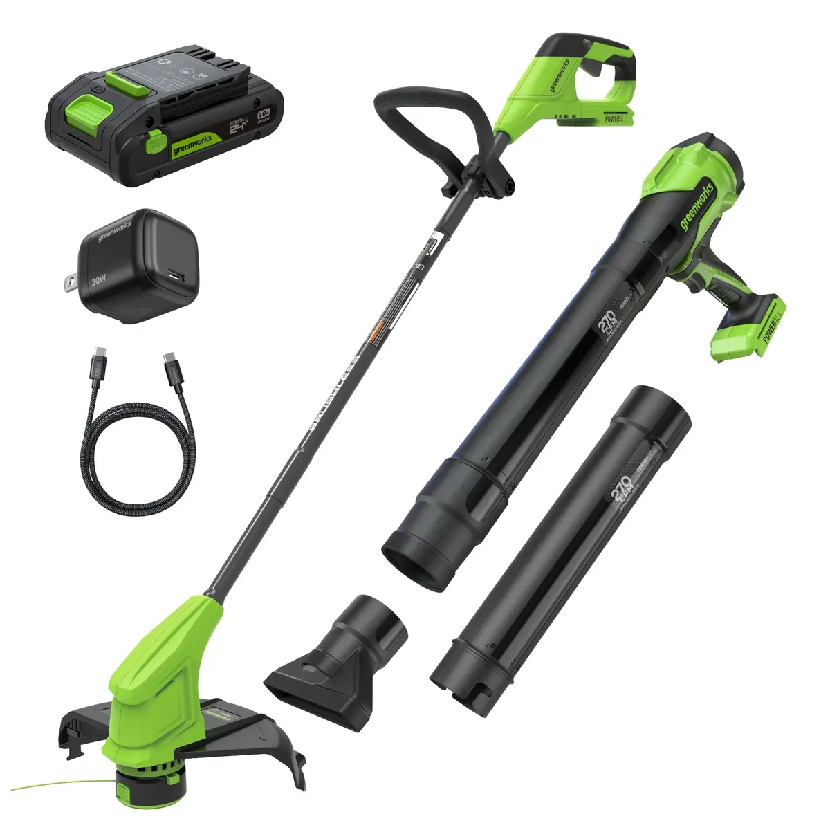 24V 12" Cordless Battery String Trimmer And 270 Cfm Blower Combo Kit W/ 2.0Ah Battery, 30W Type-C Charger & (2) 3-Ft Cables 1