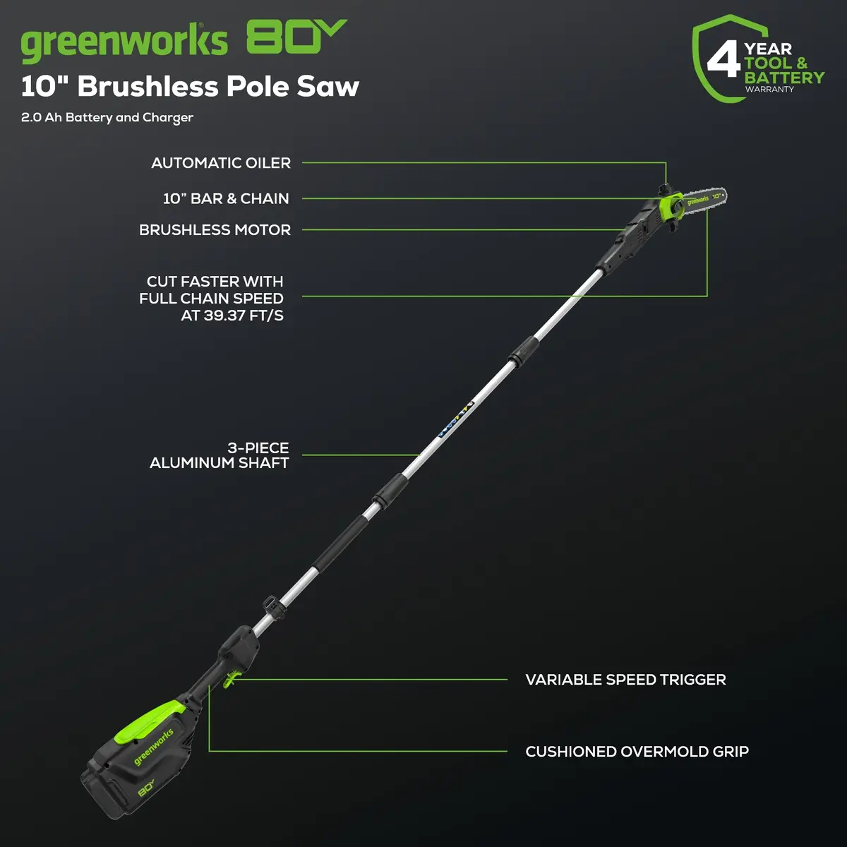 80V Pro 10" Cordless Battery Pole Saw: 2.0 Ah Battery And Charger 2
