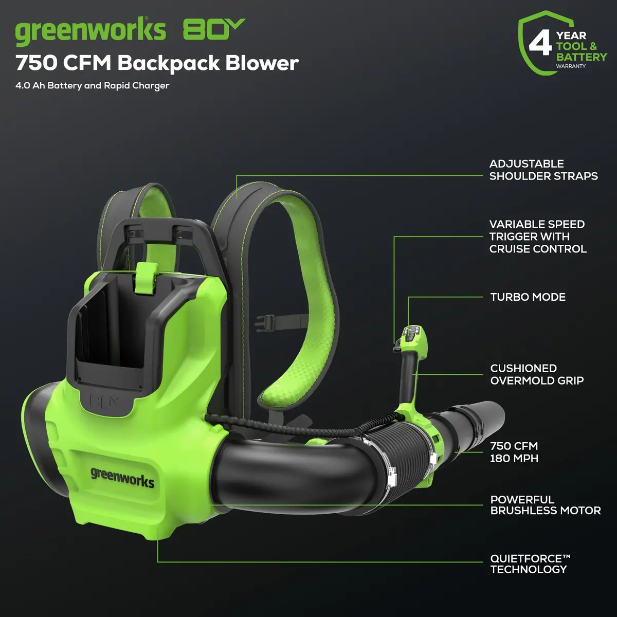 80V 750Cfm Cordless Battery Single Port Backpack Blower, 4Ah Battery And Charger 2