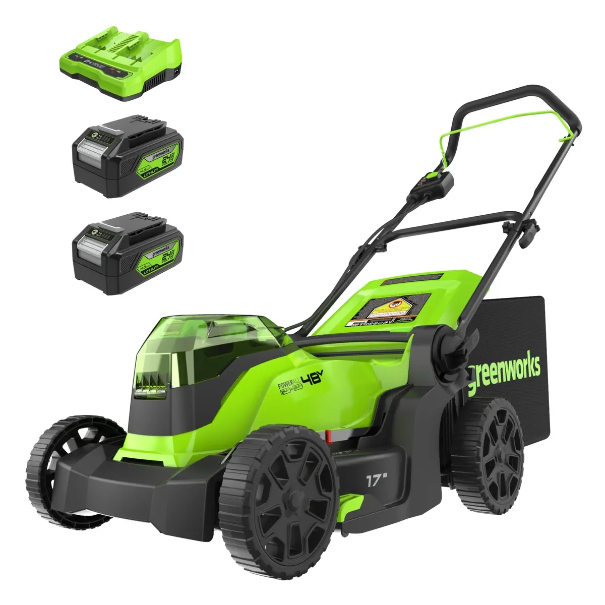 48V (24V X 2) 17" Cordless Battery Push Lawn Mower: (2) 4.0 Ah Batteries And Dual-Port Charger 1
