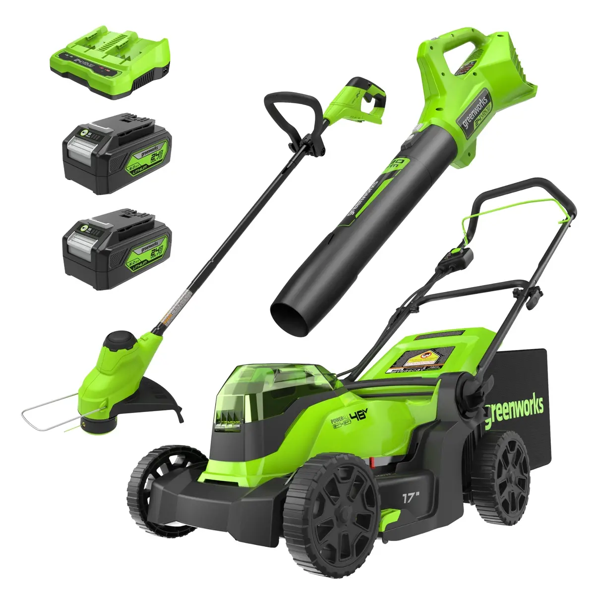 48V (24V X 2) 17" Push Cordless Lawn Mower, 320Cfm Leaf Blower And 12" String Trimmer Combo Kit: (2) 4.0 Ah Usb Batteries 1