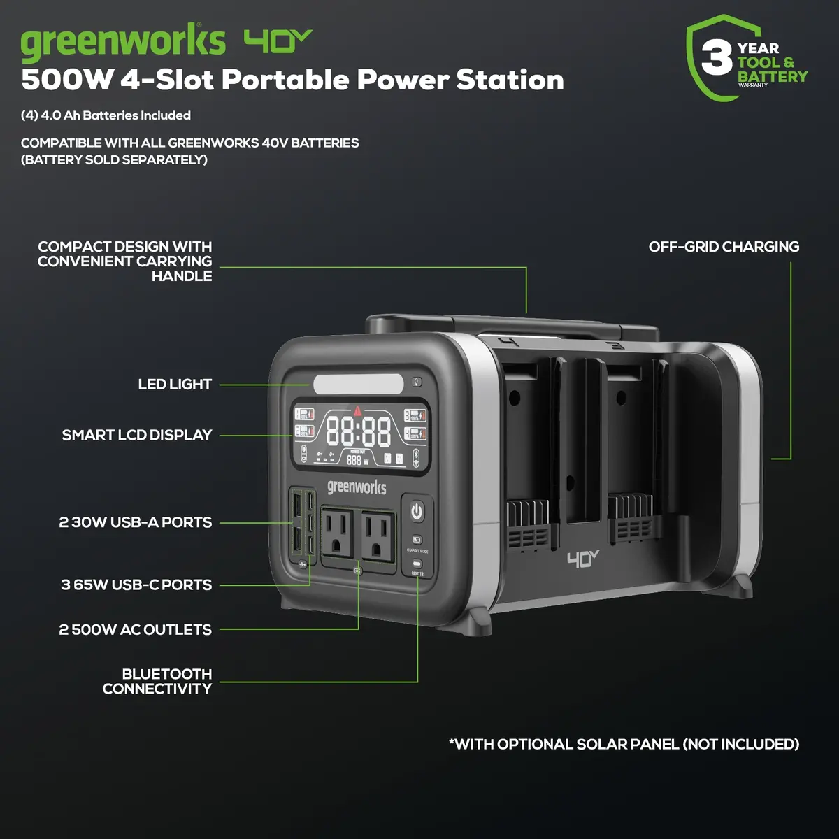 40V 500W 4-Slot Inverter Portable Power Station, (4) 4.0 Ah Batteries And Built-In Charger 2