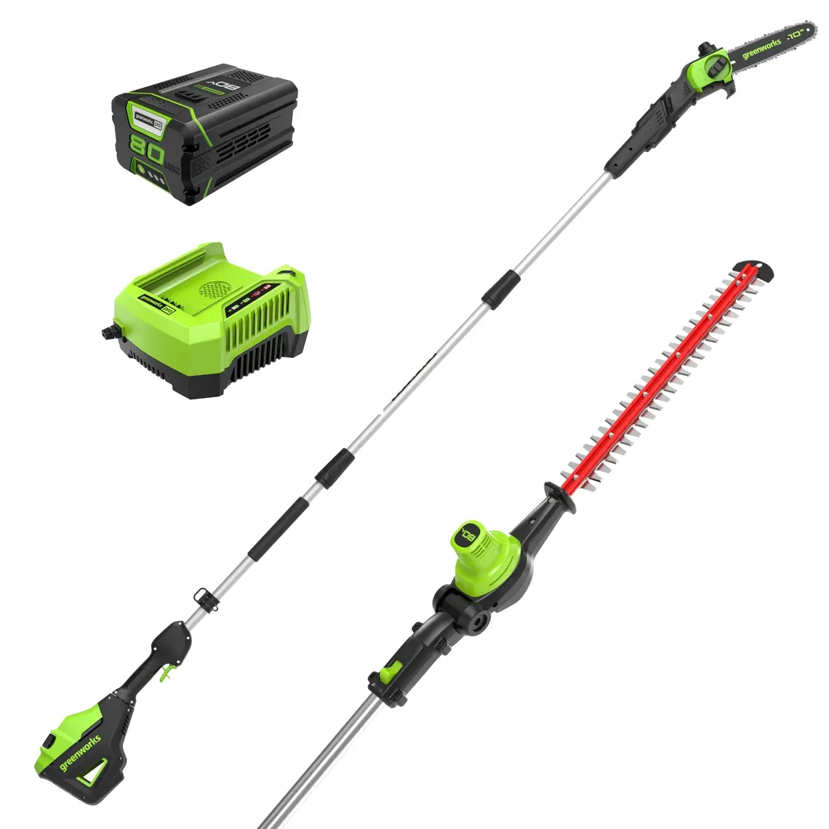 80V 20" Cordless Battery Pole Hedge And 10" Pole Saw Combo Kit: 2.0 Ah Battery And Rapid Charger 1