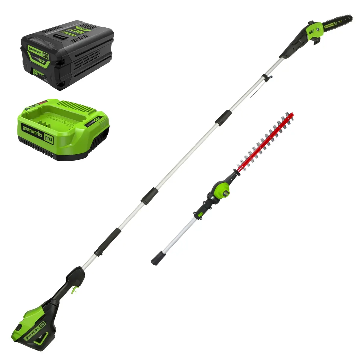 60V 10" Cordless Battery Pole Saw And 20" Pole Hedge Trimmer Combo Kit: 2.0 Ah Battery And Charger 1