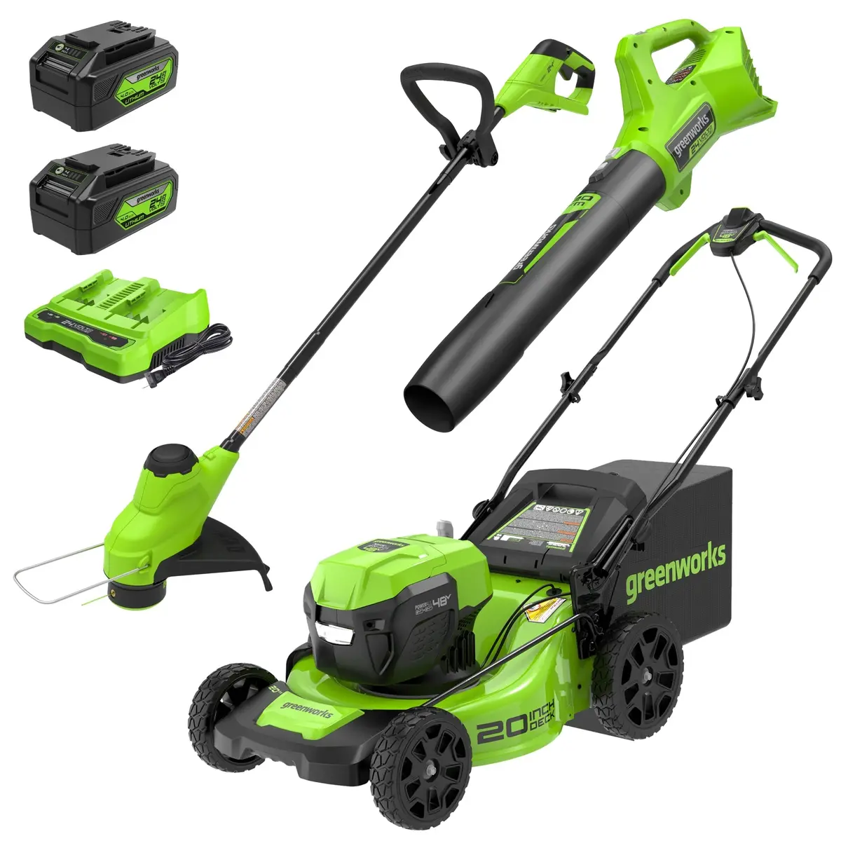 48V (24V X 2) 20" Cordless Battery Push Mower 3Pc Combo Kit: (2) 4.0 Ah Batteries And Dual-Port Chargers 1
