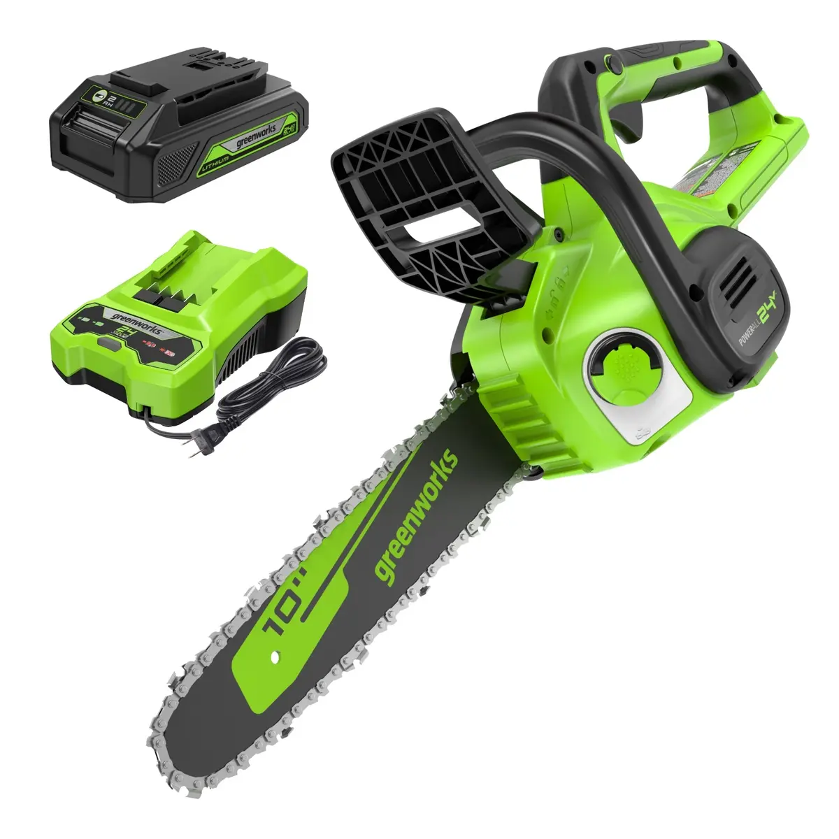 24V 10" Cordless Battery Chainsaw: 2.0 Ah Usb Battery And Charger 1