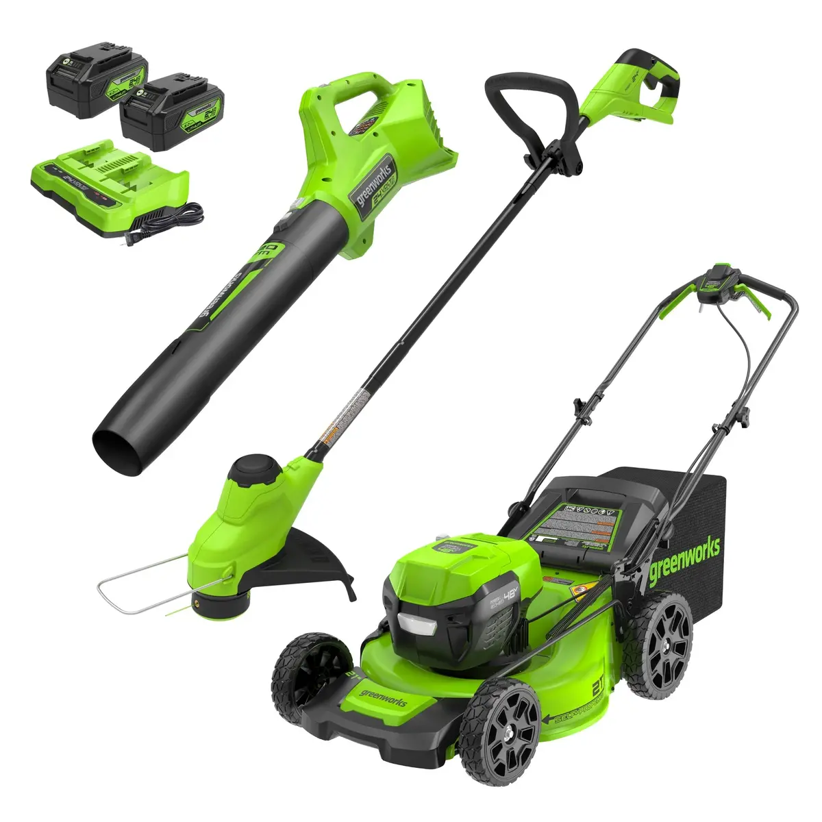 Open Box 48V (24V X 2) 21" Cordless Battery Self-Propelled Mower, 12" String Trimmer And 320 Cfm Blower Combo Kit: (2) 5.0Ah Batteries And Chargers 1