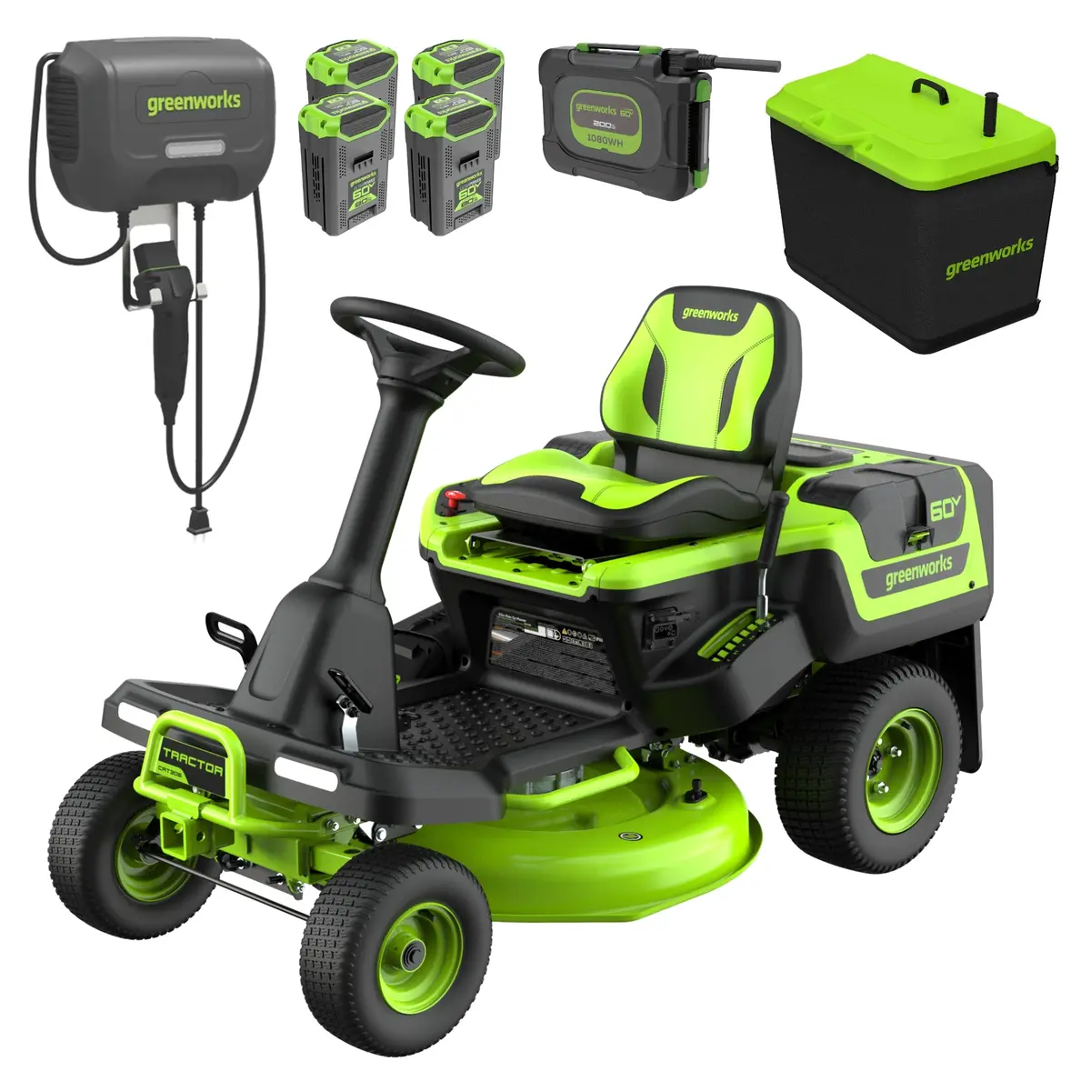 60V 30" Crossovert Riding Lawn Tractor, Bagger Included, (4) 8.0 Ah (1) 20.0Ah Batteries And 600-Watt Charger 1