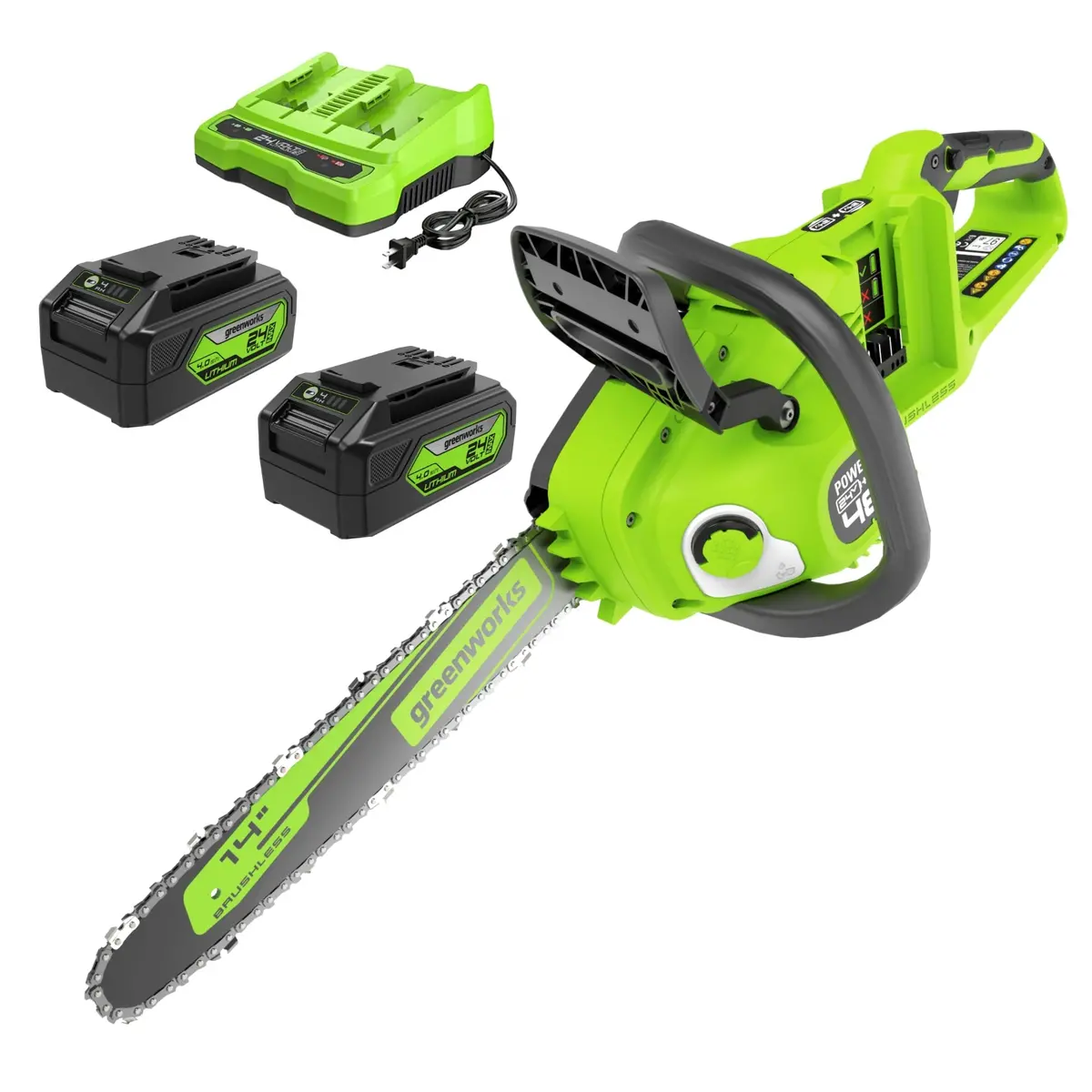 48V (24V X 2) 14" Cordless Battery Chainsaw: (2) 4.0 Ah Usb Batteries And Dual-Port Charger 1