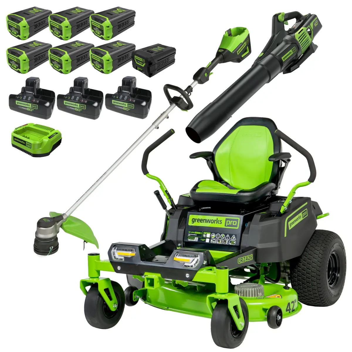 60V 42" Cordless Battery Crossoverz Zero Turn Riding Lawn Mower 3-Tool Combo Kit, (6) 8Ah Batteries, One(1) 2.5 Ah Battery And (4) Chargers 1