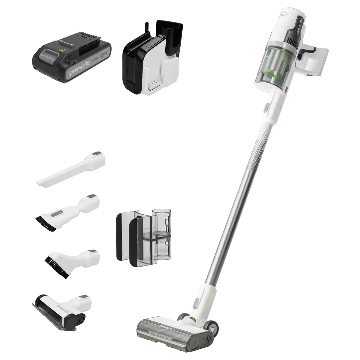 Open Box 24V Cordless Battery White Stick Vacuum: 4.0 Ah Usb-C Battery And Charger 1