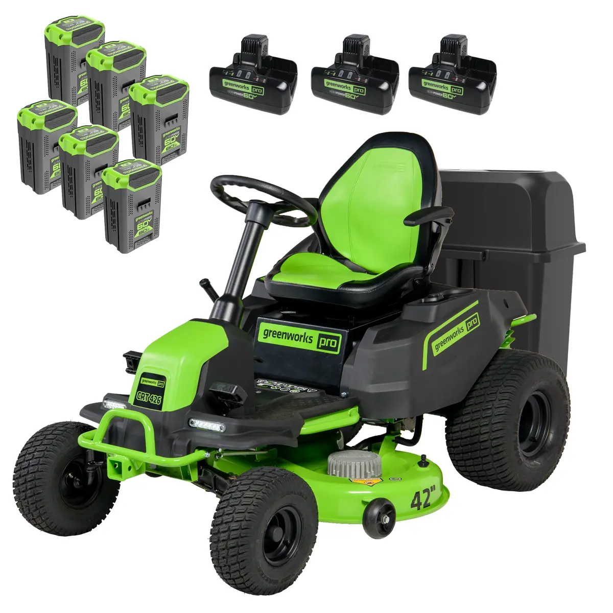 60V 42" Cordless Battery Crossovert Riding Lawn Mower + Bagger, (6) 8.0 Ah Batteries And (3) Dual-Port Turbo Chargers 1