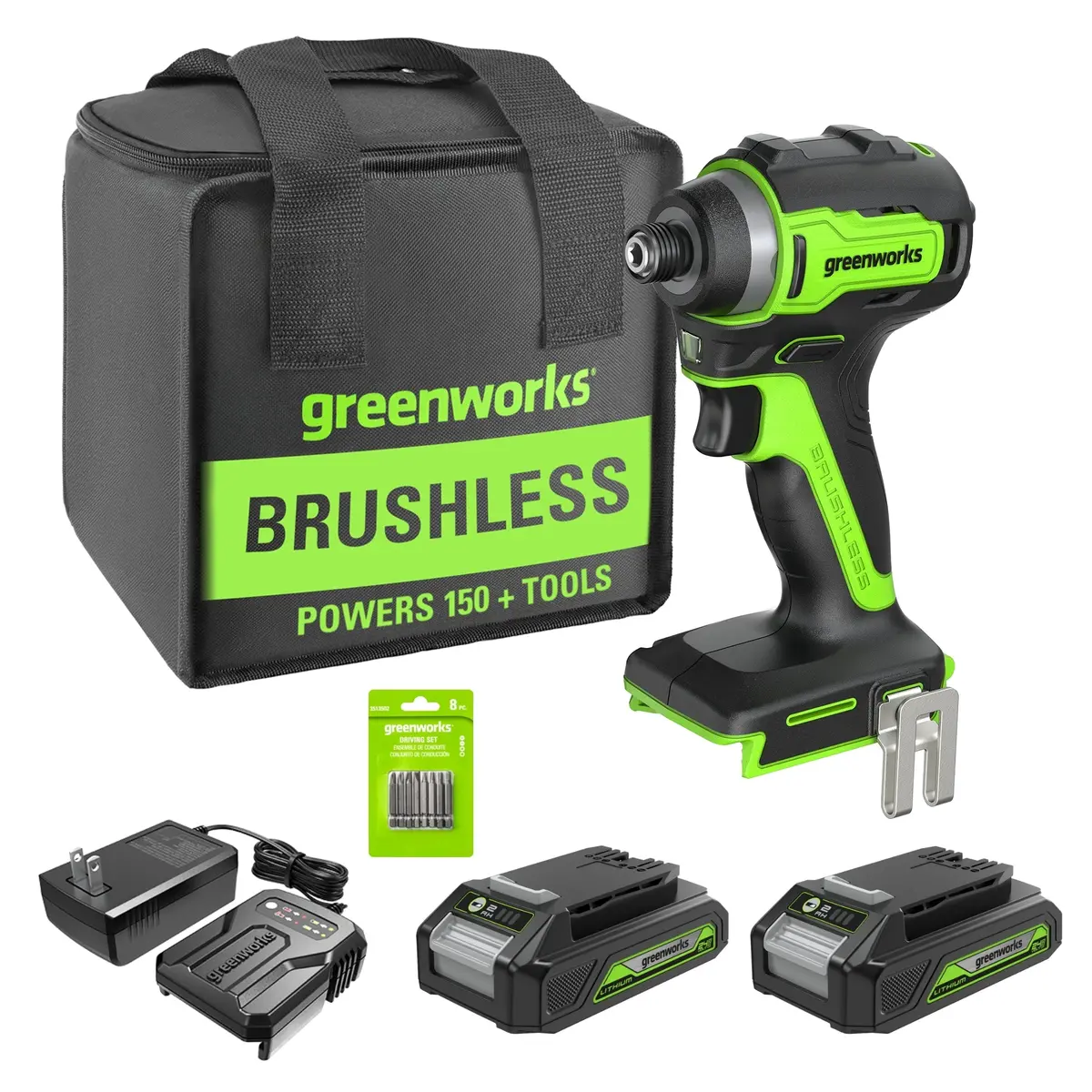 24V 1/4" 1950 In/Lbs Brushless Impact Driver Kit (8-Piece Bit Set And Tool Bag Included): (2) 2Ah Batteries And Charger 1