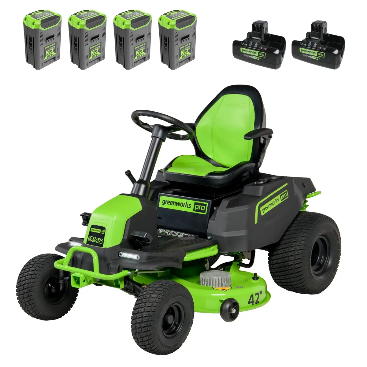 60V 42" Cordless Battery Crossovert Riding Lawn Mower, (4) 8.0 Ah Batteries And (2) Dual-Port Turbo Chargers 1
