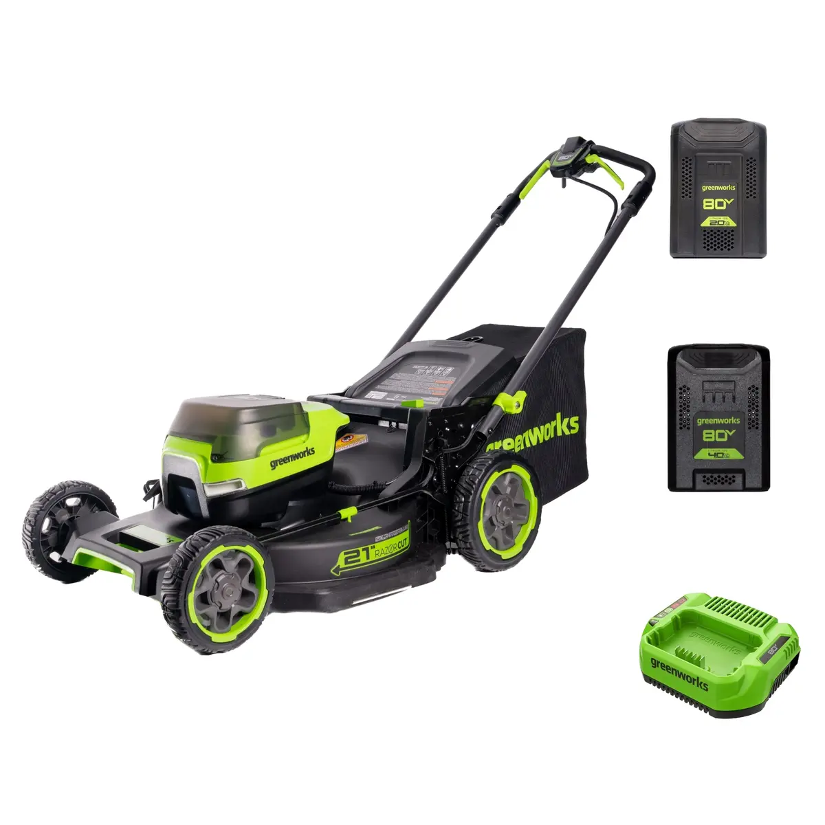 80V 21" Cordless Battery 4-In-1 Self-Propelled Mower: (1) 4.0Ah,(1) 2.0Ah Batteries & 2A Charger 1