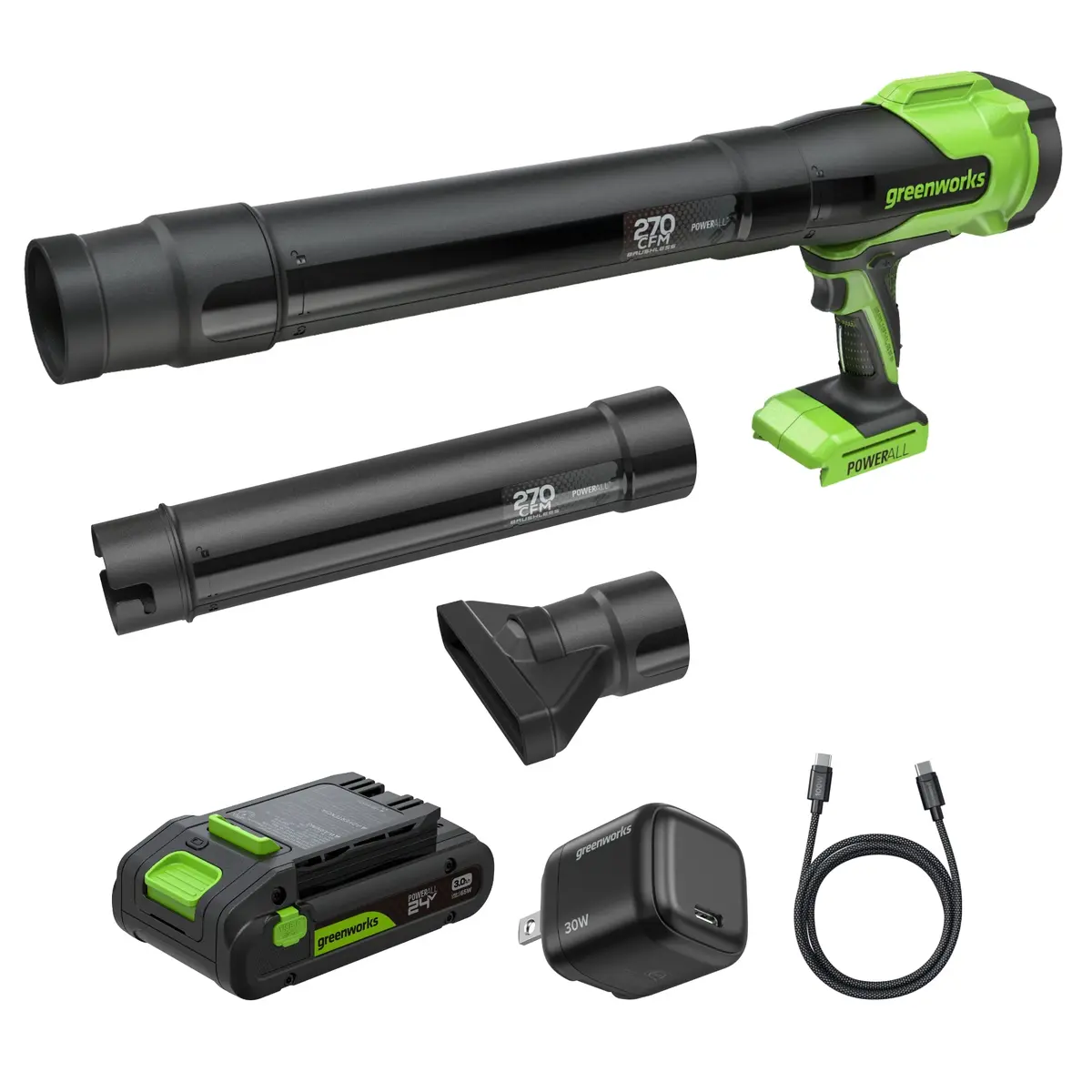 24V 270 Cfm Cordless Battery Brushless Blower W/ 3.0Ah Battery & 30W Type-C Charger(3-Ft Cable) 1