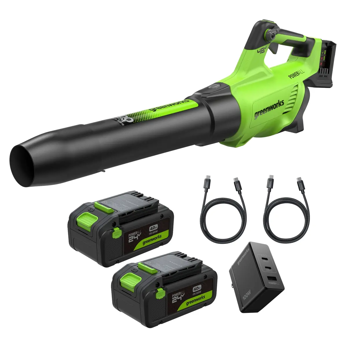 48V (24V X 2) 600 Cfm Cordless Battery Leaf Blower W/ (2) 4.0Ah Batteries, 100W Type-C Charger &(2)3-Ft Cables 1