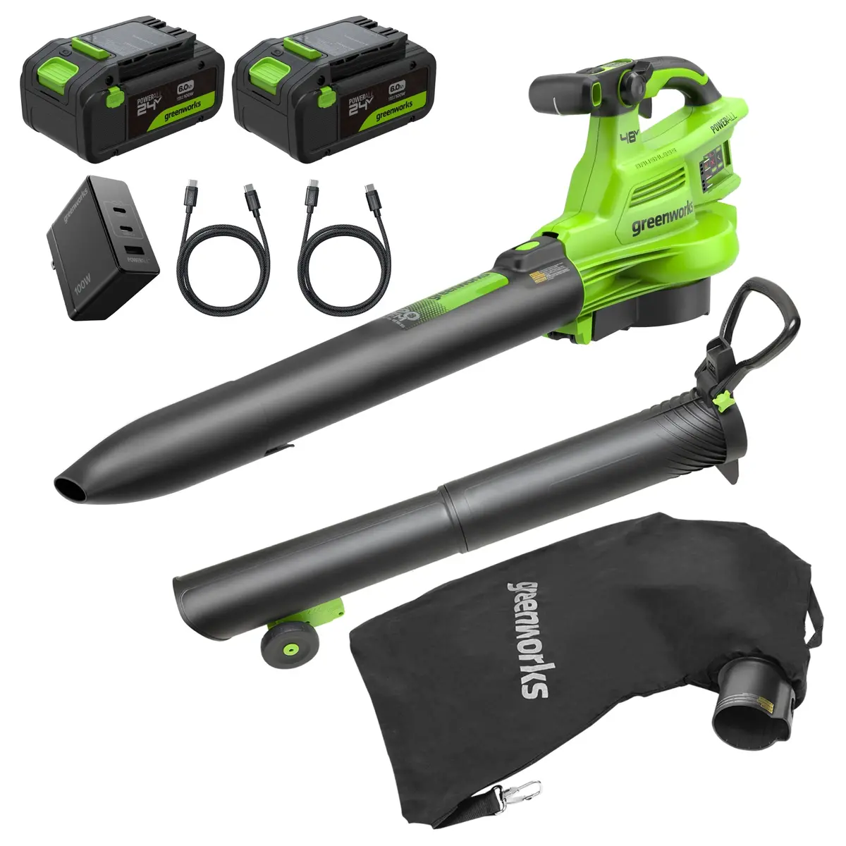48V (24V X 2) 520 Cfm Cordless Battery Bl Leaf Blower/Vacuum W/ (2) 6.0Ah Battery, 100W Type-C Charger & (2) 3-Ft Cables 1