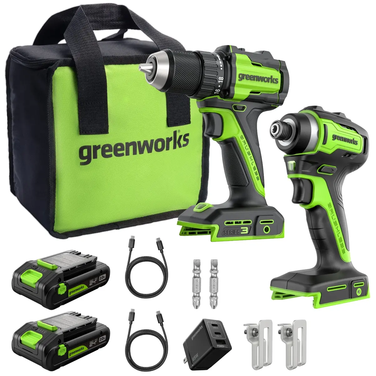 24V Cordless Battery 400 In-Lbs Drill / Driver And 1950 In-Lbs Impact Driver, Two(2) 2.0 Ah Usb-C Batteries And 65W Usb-C Fast Charger 1
