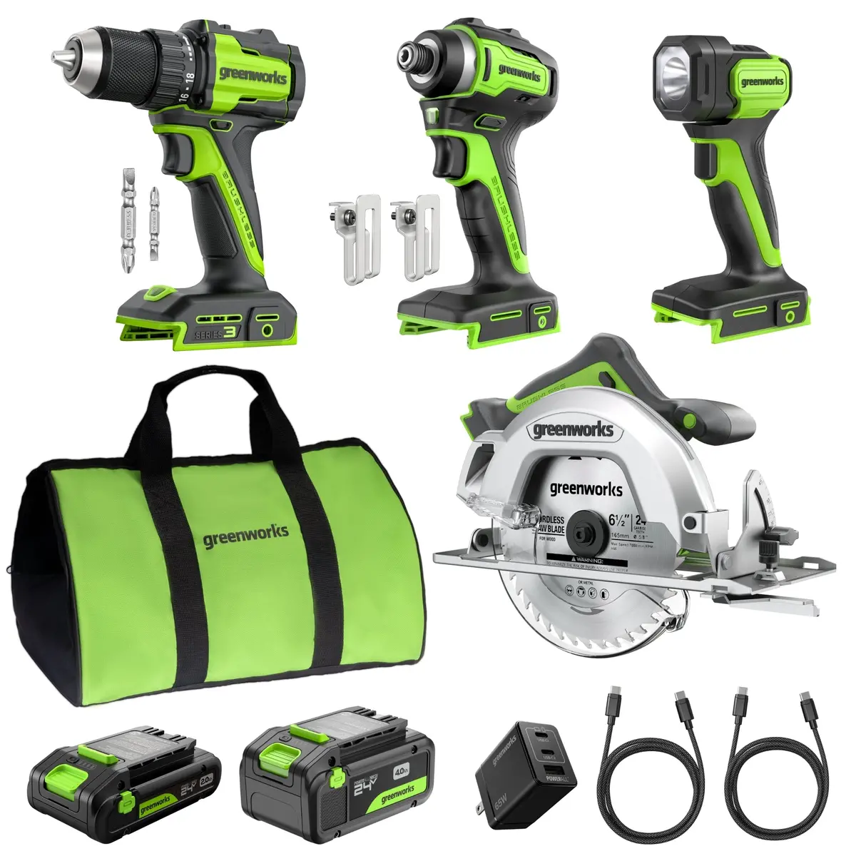 24V Brushless Power Tool 4Pc Combo Kit, (1) 4.0 Ah And (1) 2.0 Ah Usb-C Batteries And 65W Usb-C Fast Charger 1