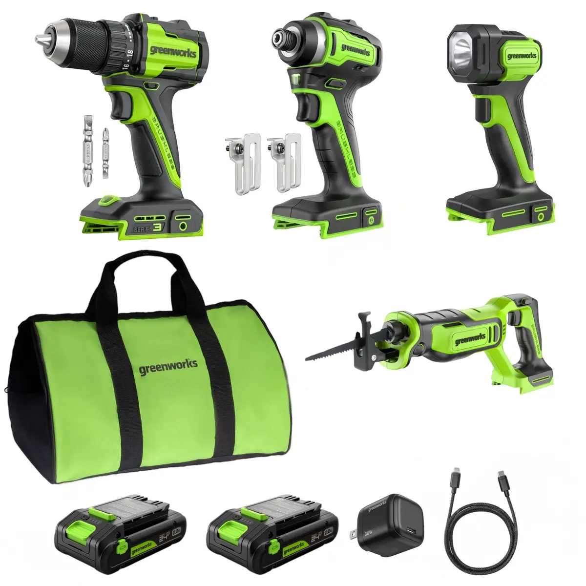 24V Brushless Power Tool 4Pc Combo Kit: (2) 2.0 Ah Usb-C Batteries And 30W Usb-C Fast Charger 1