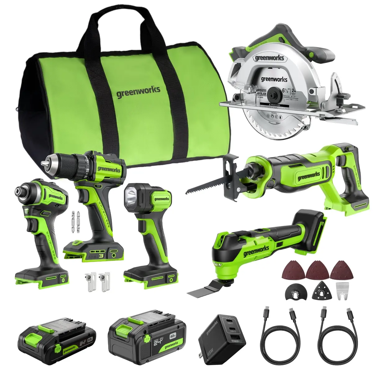 24V Brushless Power Tool 6Pc Combo Kit W/ (1) 4.0Ah & (1) 2.0Ah Usb-C Batteries And Charger 1