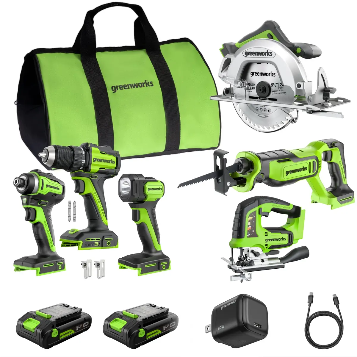 24V Brushless Power Tool 6Pc Combo Kit: (2) 2.0 Ah Usb-C Batteries And 30W Charger 1