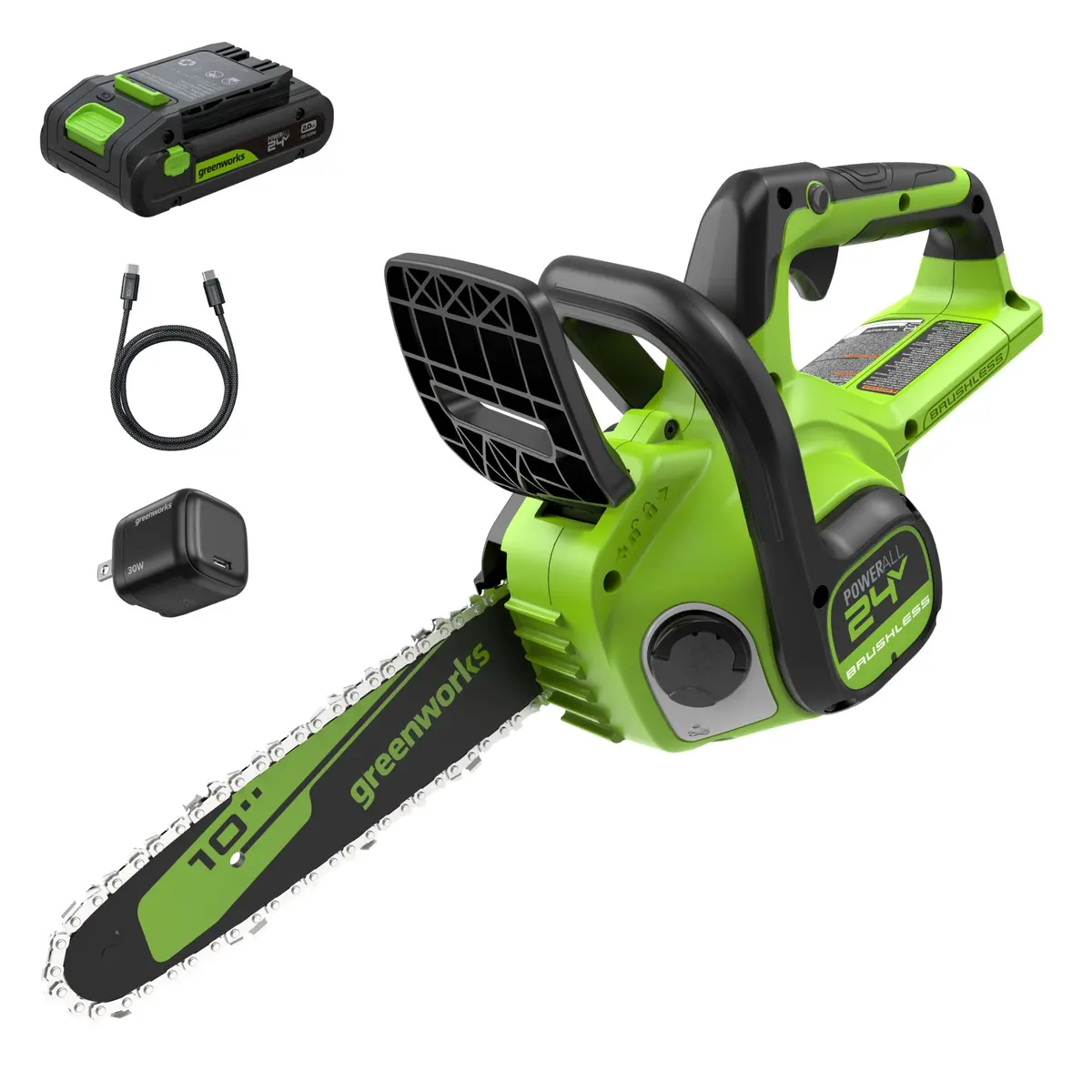 24V 10" Cordless Battery Chainsaw W/ 2.0Ah  Battery & 30W Type-C Charger(3-Ft Cable) 1