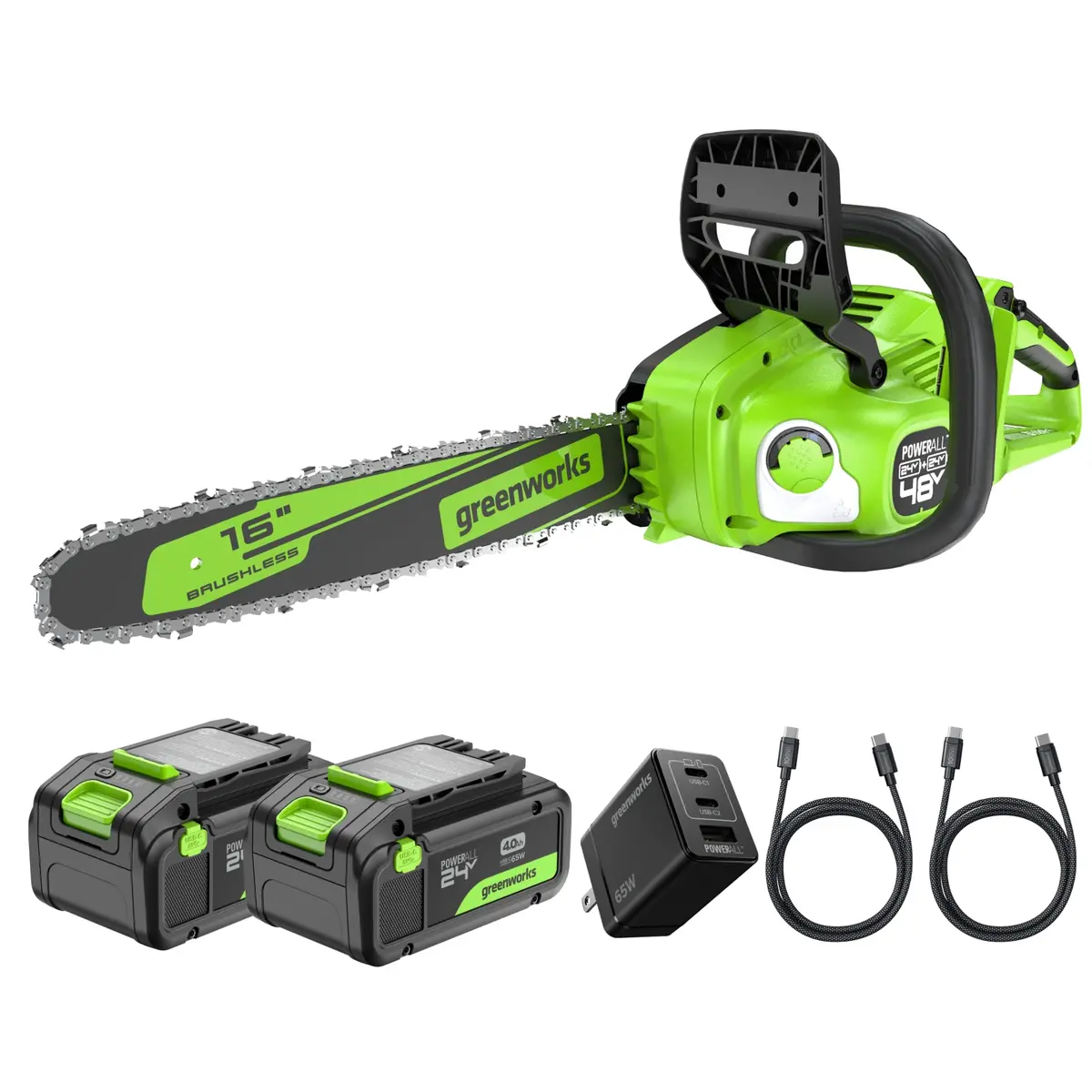 48V (24V X 2) 16" Cordless Battery Chainsaw W/ (2) 4.0Ah Batteries,65W Type-C Charger & (2) 3-Ft Cables) 1