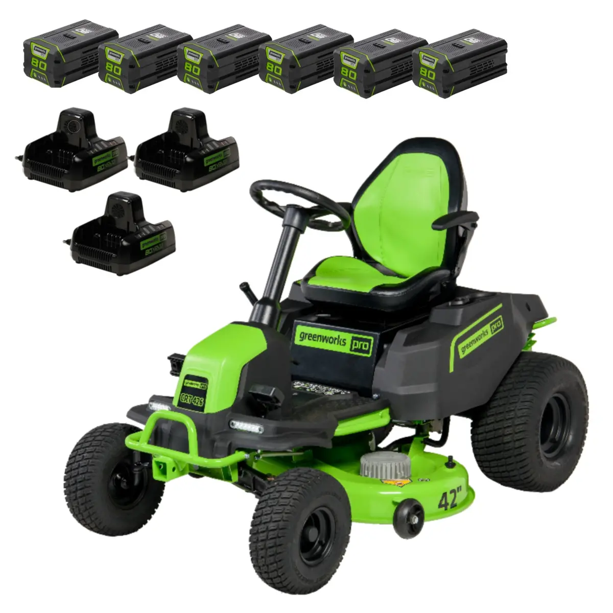 80V 42" Cordless Battery Crossovert Riding Lawn Mower W/ Six (6) 5.0Ah Batteries And Three (3) Dual Port Turbo Chargers 1