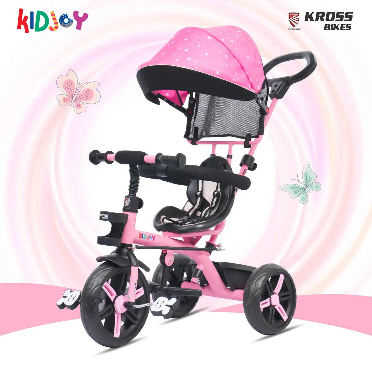 Kidjoy Ex-1 3-In-1 Kids Tricycle With Adjustable Parental Handle, Detachable Canopy, Eva Tyres, Safety Belt & Rear Basket (1–4 Years) (Pink/White) 1