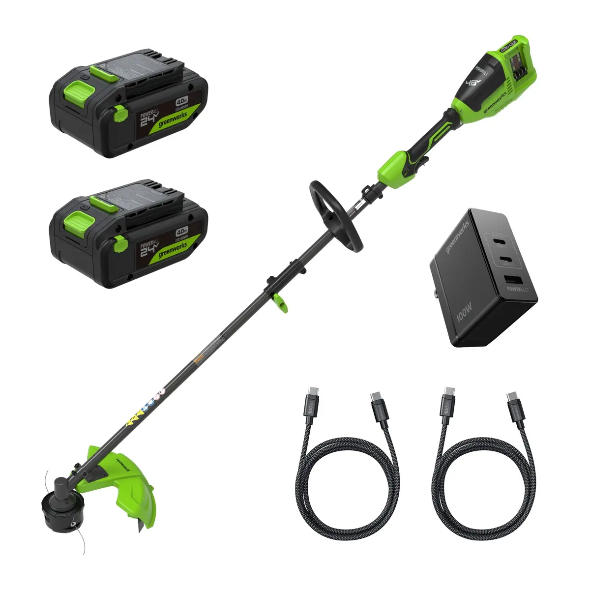 48V (24V X 2) 16" Cordless Battery Brushless String Trimmer (Attachment Capable) W/ (2) 4.0Ah 21700 Batteries, 100W Type-C Charger & (2) 3-Ft Cables 1