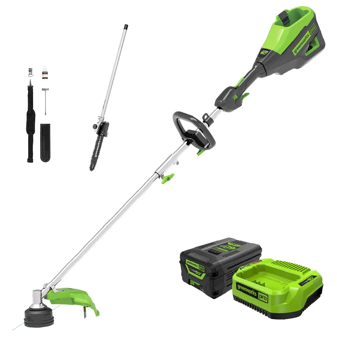 60V 16" Cordless Battery String Trimmer (Attachment Capable) And 10" Polesaw Attachment Combo Kit: 4.0 Ah Battery And Charger 1
