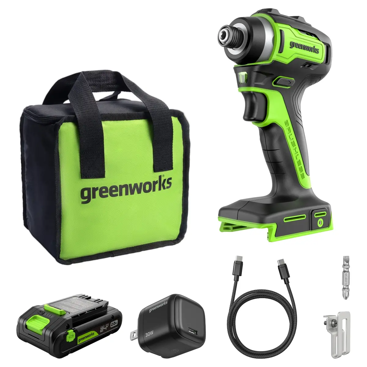 24V 1/4" 1950 In/Lbs Brushless Impact Driver Kit: 2.0 Ah Usb-C Batteries And 30W Usb-C Fast Charger 1
