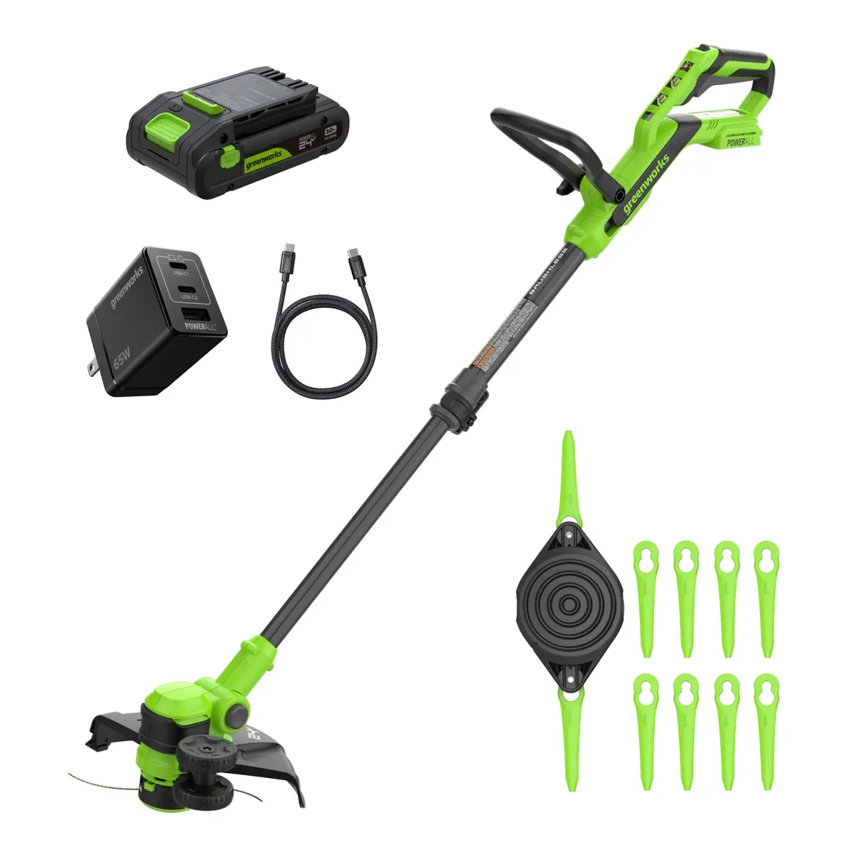 24V 12" Cordless Battery Brushless String Trimmer/Edger W/ 3.0Ah Battery & 65W Type-C Charger (3-Ft Cable) 1