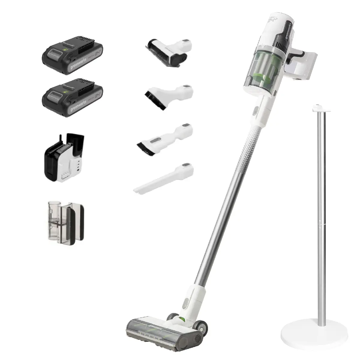 24V Cordless Battery White Stick Vacuum 3-In-1 Bundle: (2) 4.0 Ah Usb Batteries And Charging Stand 1
