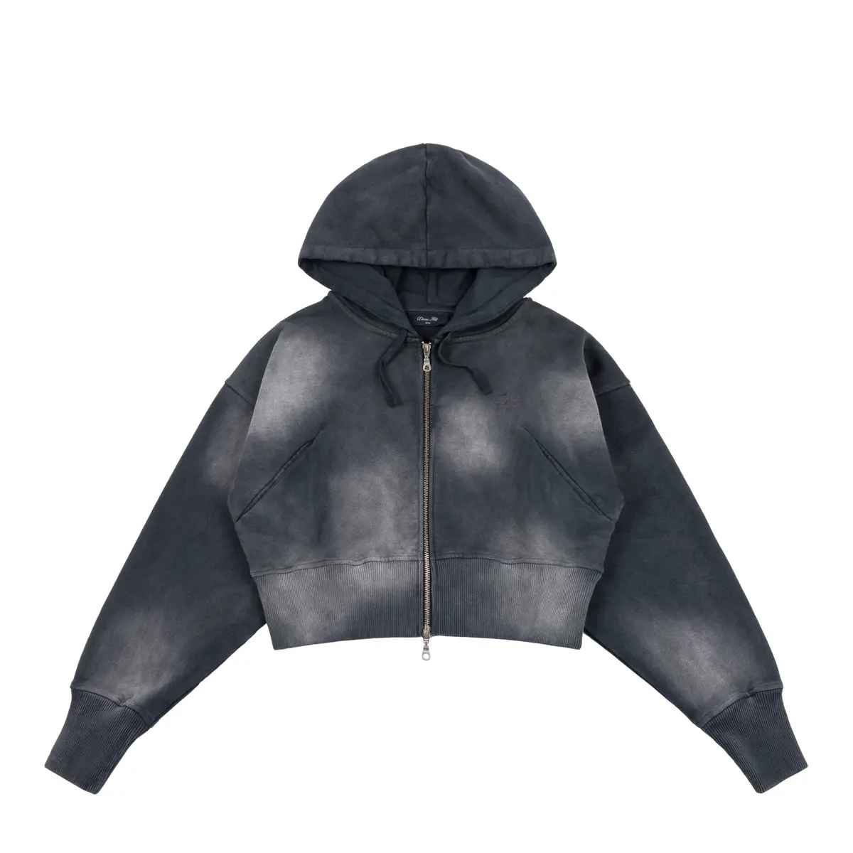 Dime Cropped Zip Hooded Sweater - Black Washed 1