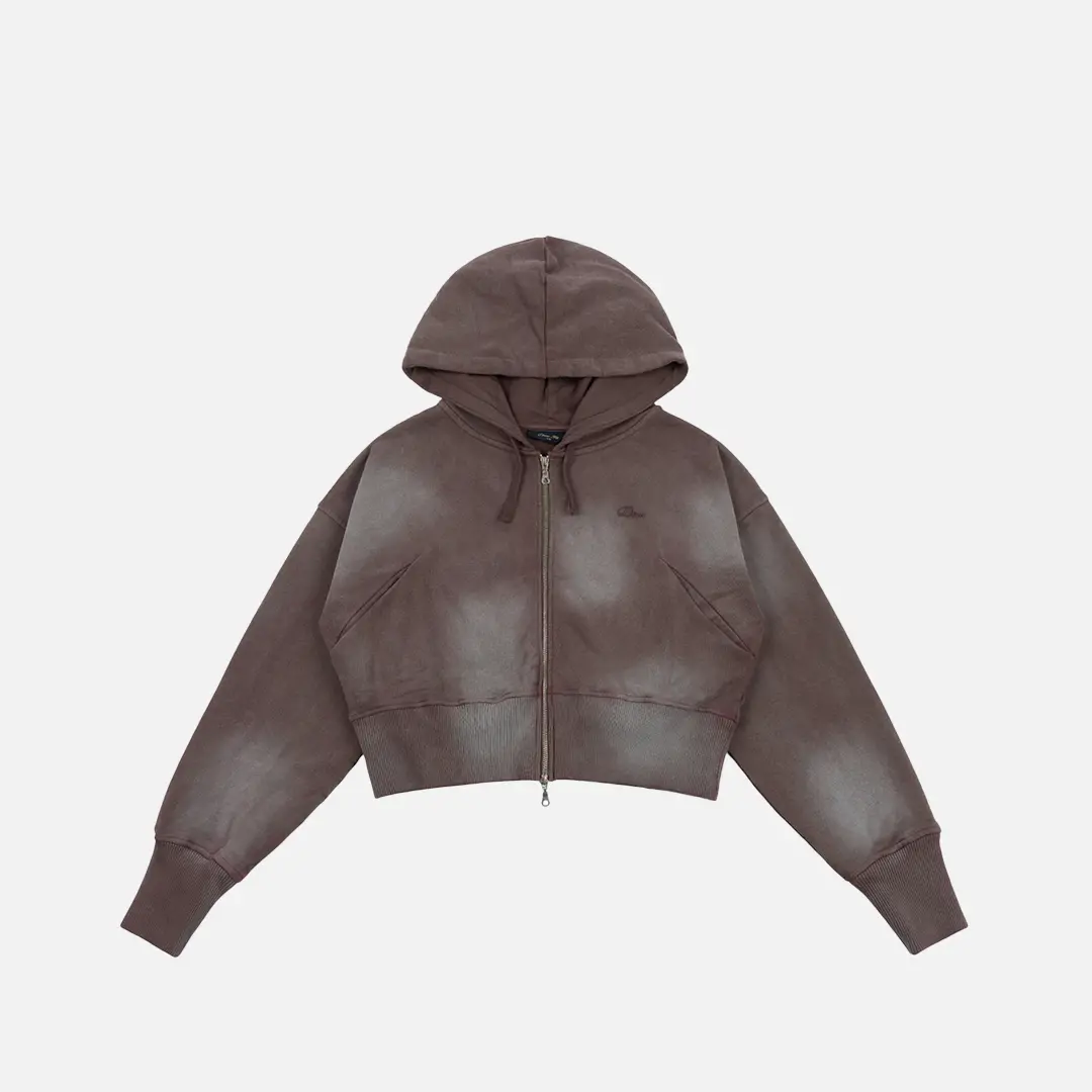 Dime Cropped Zip Hooded Sweater - Brown Washed 1