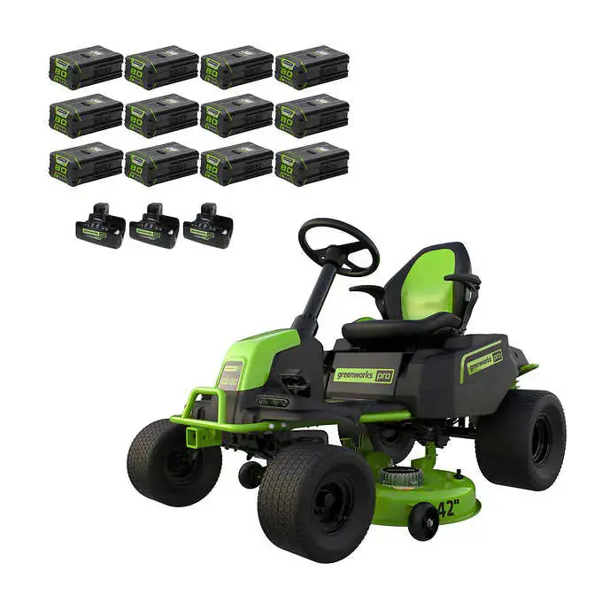 80V 42" Cordless Battery Crossovert Riding Lawn Mower, Twelve (12) 4.0 Ah Batteries And (3) Dual-Port Turbo Chargers 1