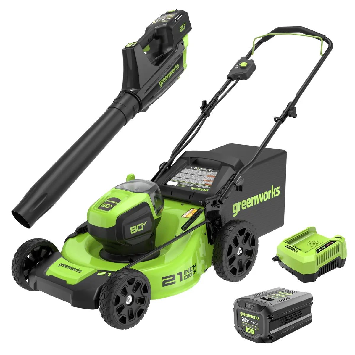 80V 21" Cordless Battery Brushless 3-In-1 Push Mower And 500Cfm Axial Leaf Blower ,(2) 2.0 Ah Batteries And Rapid Charger 1