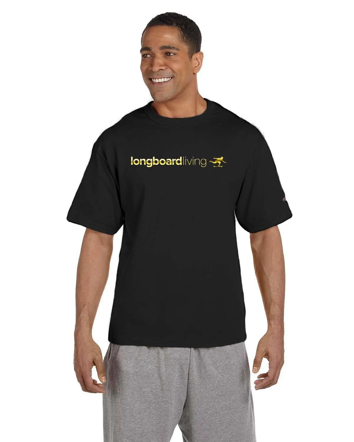 Longboard Living Gold Text Print On Black Shirt 1