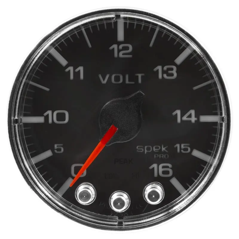 Autometer Spek-Pro Stepper Motor Voltmeter – 2-1/16", 0–16V, Black/Chrome Housing With Peak & Warning Features 1